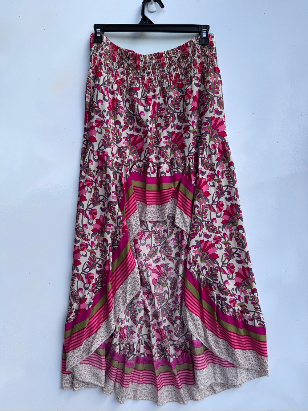 Pink Green Floral High Low Hem Boho Maxi Ruffled Skirt Sz M Cotton Ranch Resort